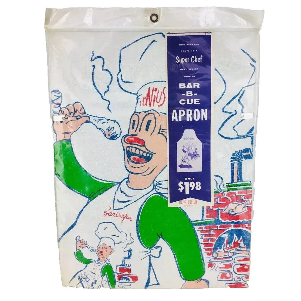 Vintage MCM 50s 60s 100% Cotton Graphic Super Chef Bar-B-Que Apron NEW NOS